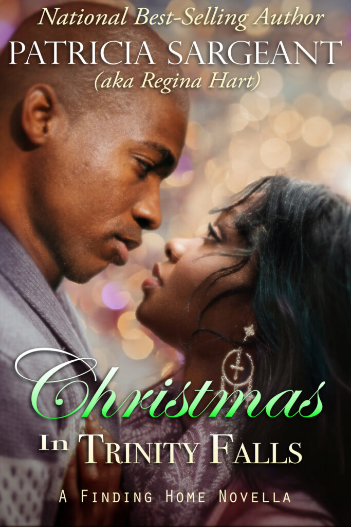 Cover of Christmas in Trinity Falls. Winter scene. Black man and Black woman, standing in profile, staring at each other.